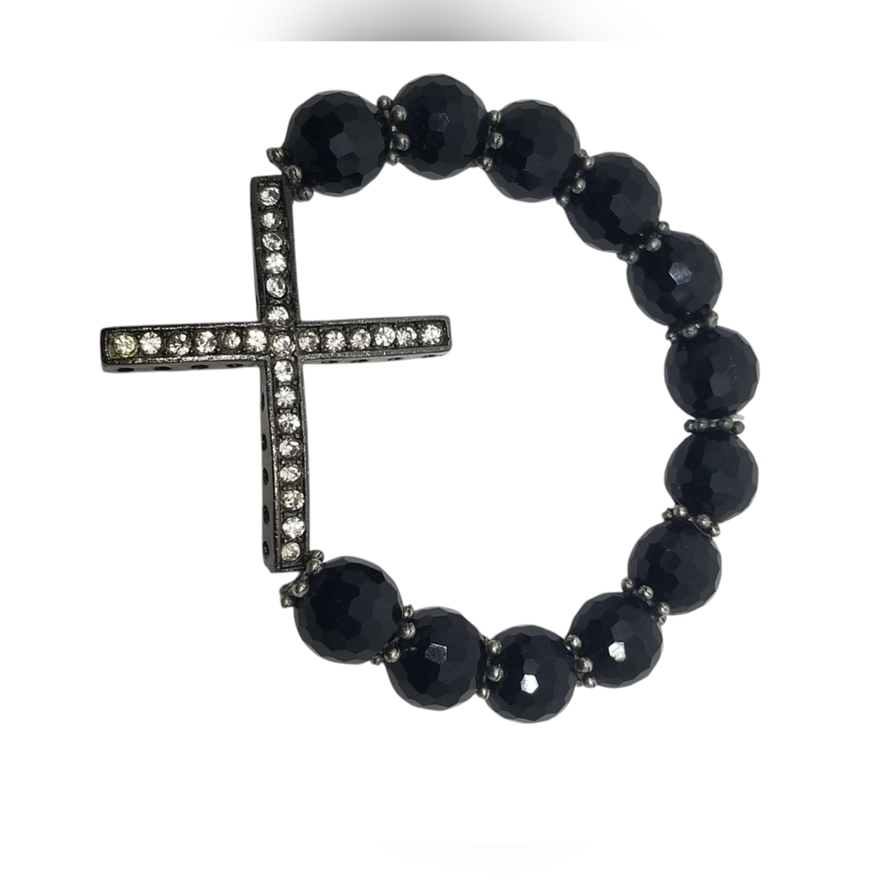 VINTAGE CRYSTAL CROSS & BLACK GLASS BEAD STRETCH BRACELET